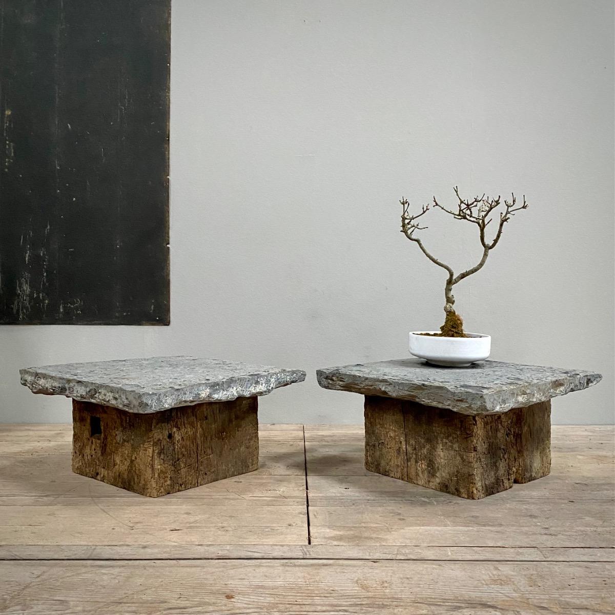 Paire of stone&wood primitive tables